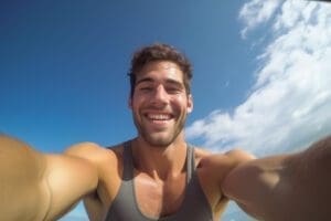 A man smiling while taking a selfie on a boat, with water and a clear sky in the background.